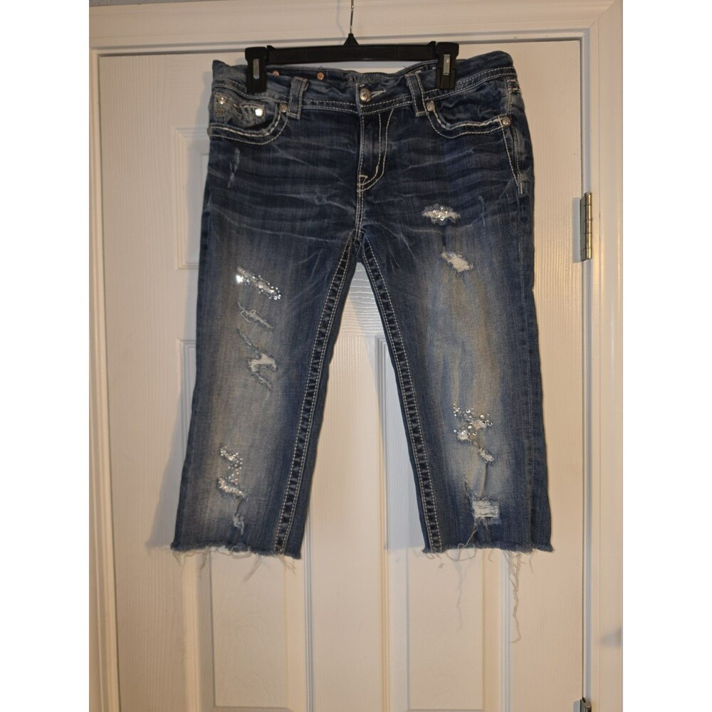 Miss Me Cropped Jeans Womens 32 Stretch Embellished Embroidered Blue Wash Denim
